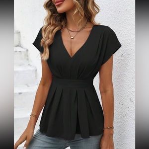 Luxe black batwing sleeve fold pleated blouse